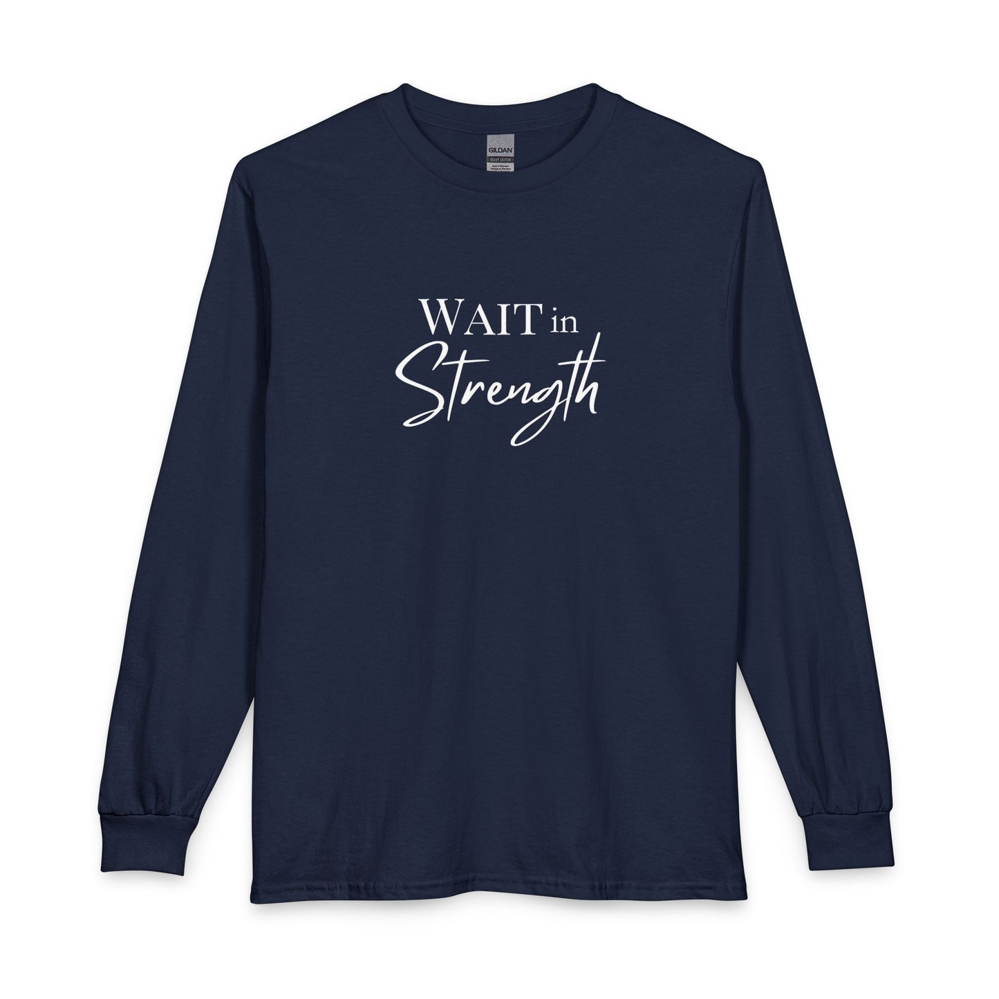 Wait in Strength Long Sleeve Tee — Christian Scripture Psalms 27:14 Faith Shirt