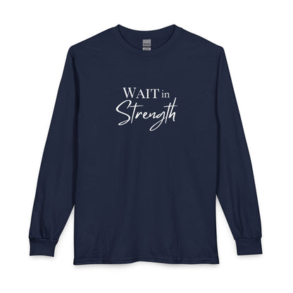 Wait in Strength Long Sleeve Tee — Christian Scripture Psalms 27:14 Faith Shirt