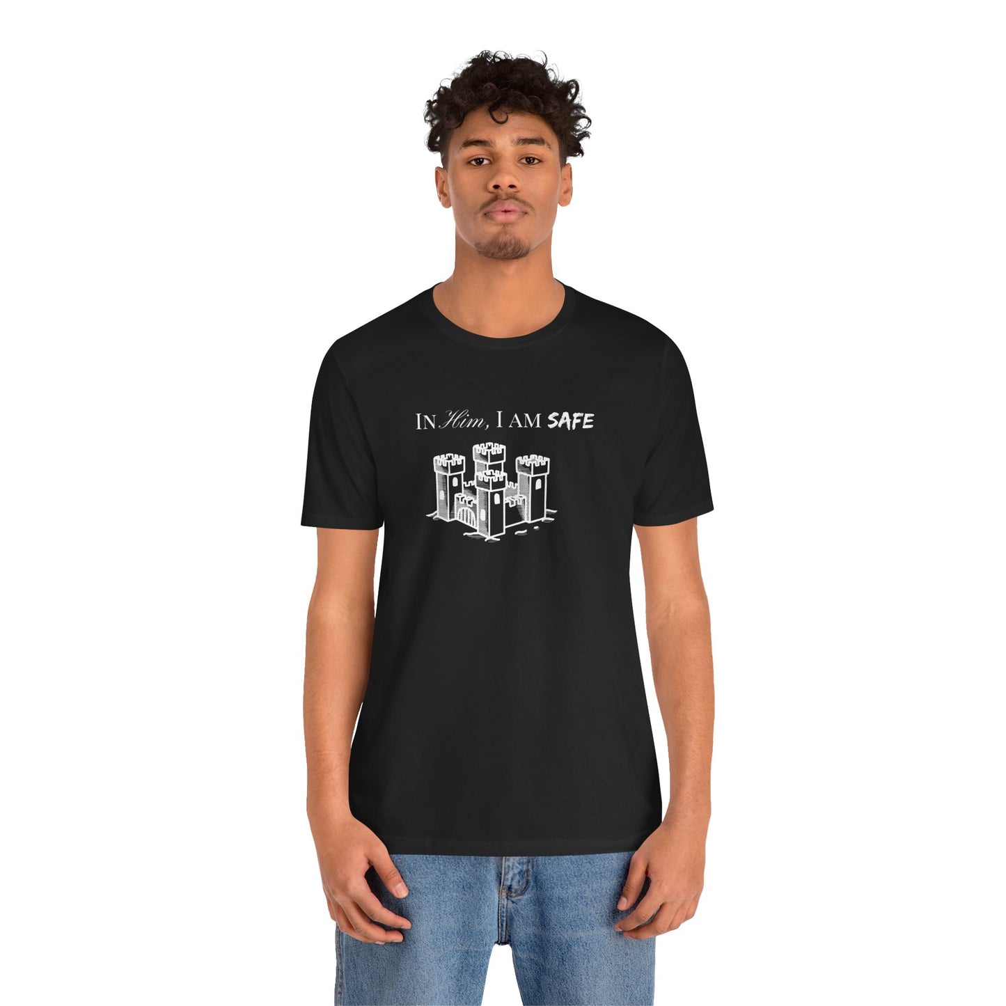 Castle Illustration Tee — "In Him, I Am Safe" Christian Scripture T‑Shirt