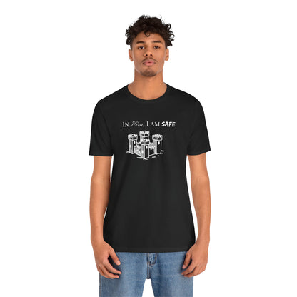 Castle Illustration Tee — "In Him, I Am Safe" Christian Scripture T‑Shirt