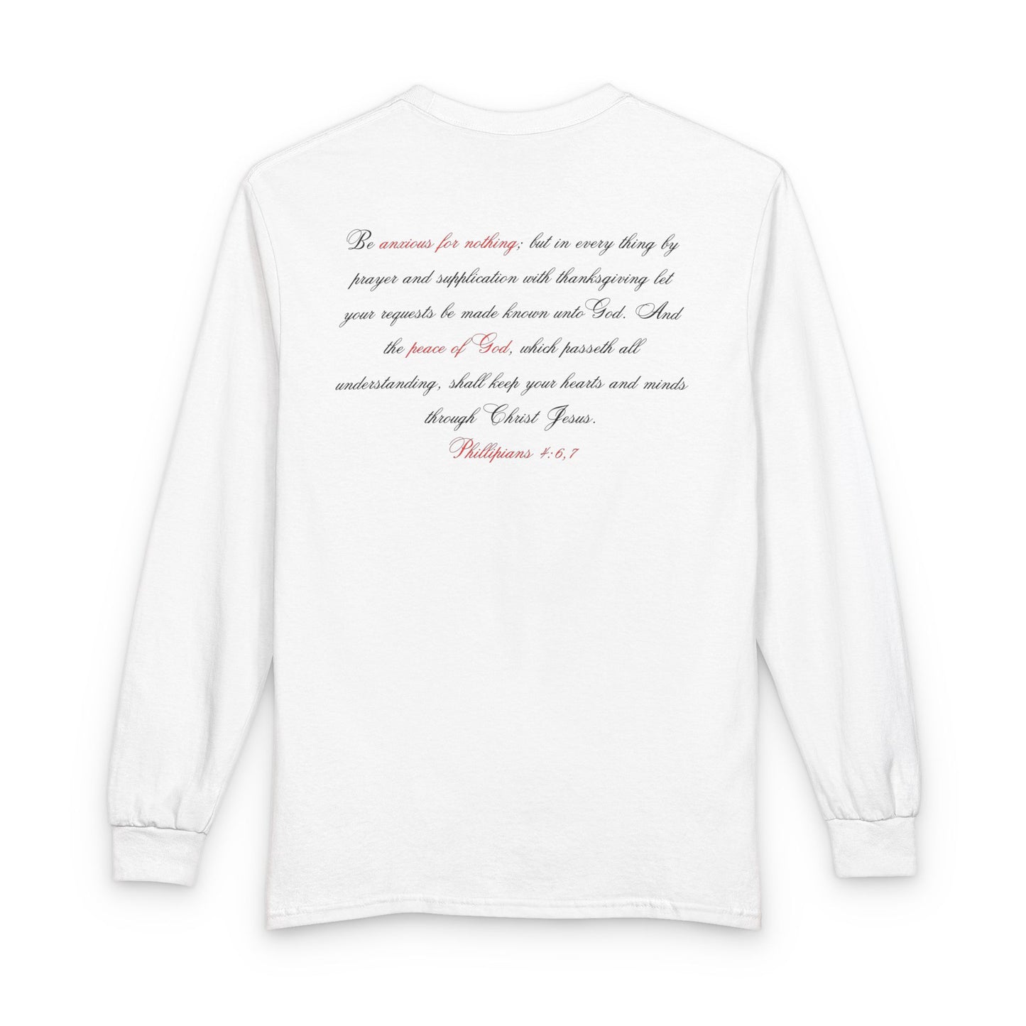 Pray Dont Worry Long Sleeve Tee — Praying Hands Faith Shirt with Scripture Back