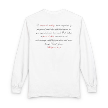 Pray Dont Worry Long Sleeve Tee — Praying Hands Faith Shirt with Scripture Back