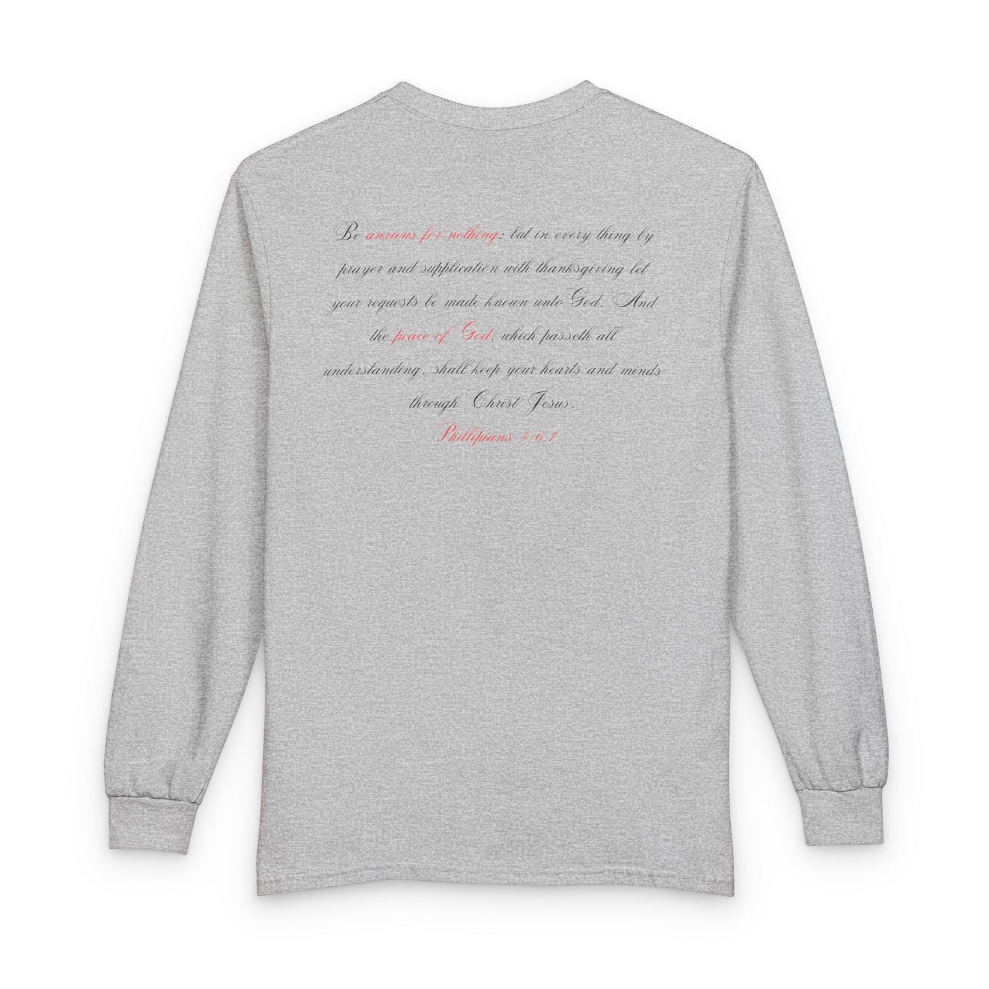 Pray Dont Worry Long Sleeve Tee — Praying Hands Faith Shirt with Scripture Back