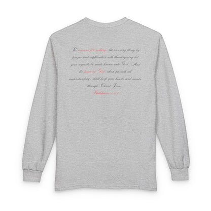 Pray Dont Worry Long Sleeve Tee — Praying Hands Faith Shirt with Scripture Back