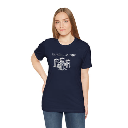Castle Illustration Tee — "In Him, I Am Safe" Christian Scripture T‑Shirt
