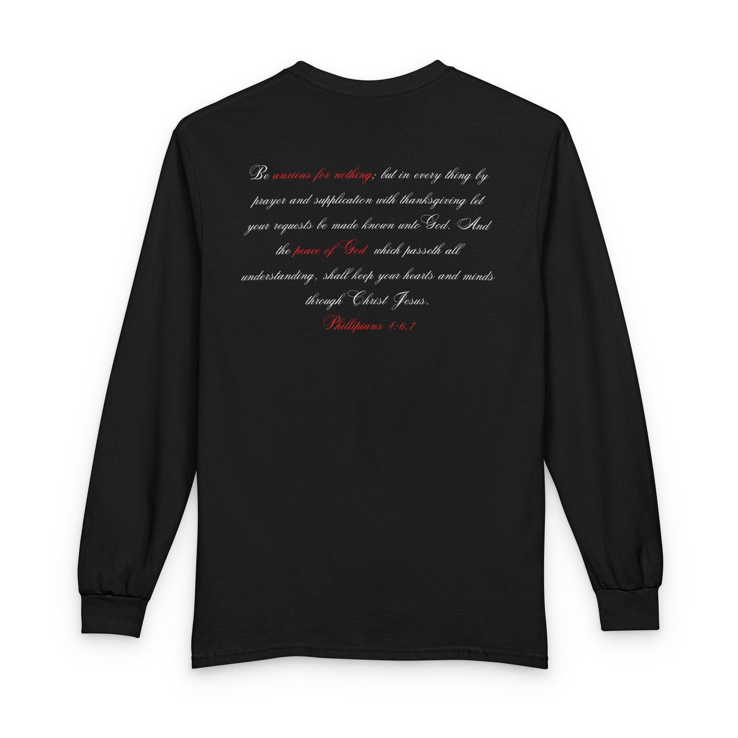 Pray Dont Worry Long Sleeve Tee — Praying Hands Faith Shirt with Scripture Back