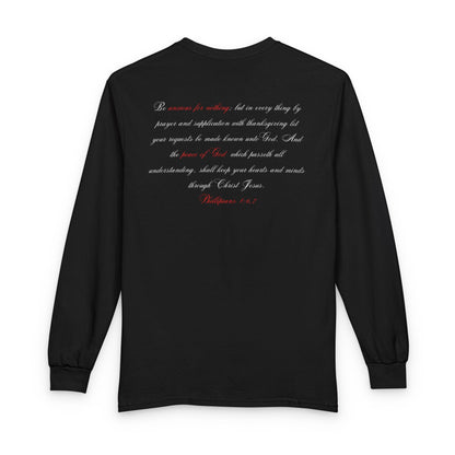 Pray Dont Worry Long Sleeve Tee — Praying Hands Faith Shirt with Scripture Back