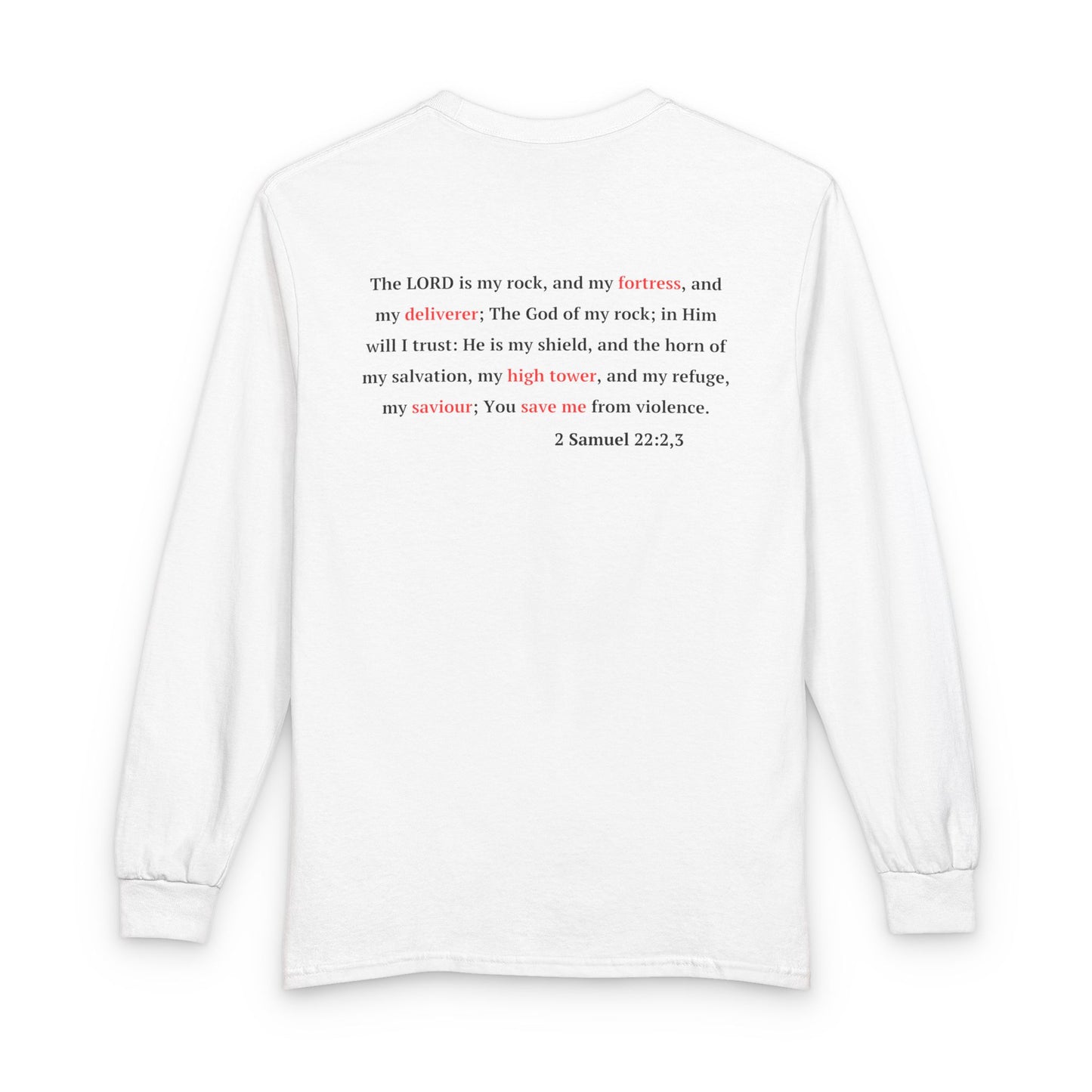 Long Sleeve Tee "In Him, I Am Safe" — Christian Castle Design (1 Samuel 22:2-3)