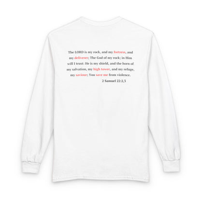Long Sleeve Tee "In Him, I Am Safe" — Christian Castle Design (1 Samuel 22:2-3)