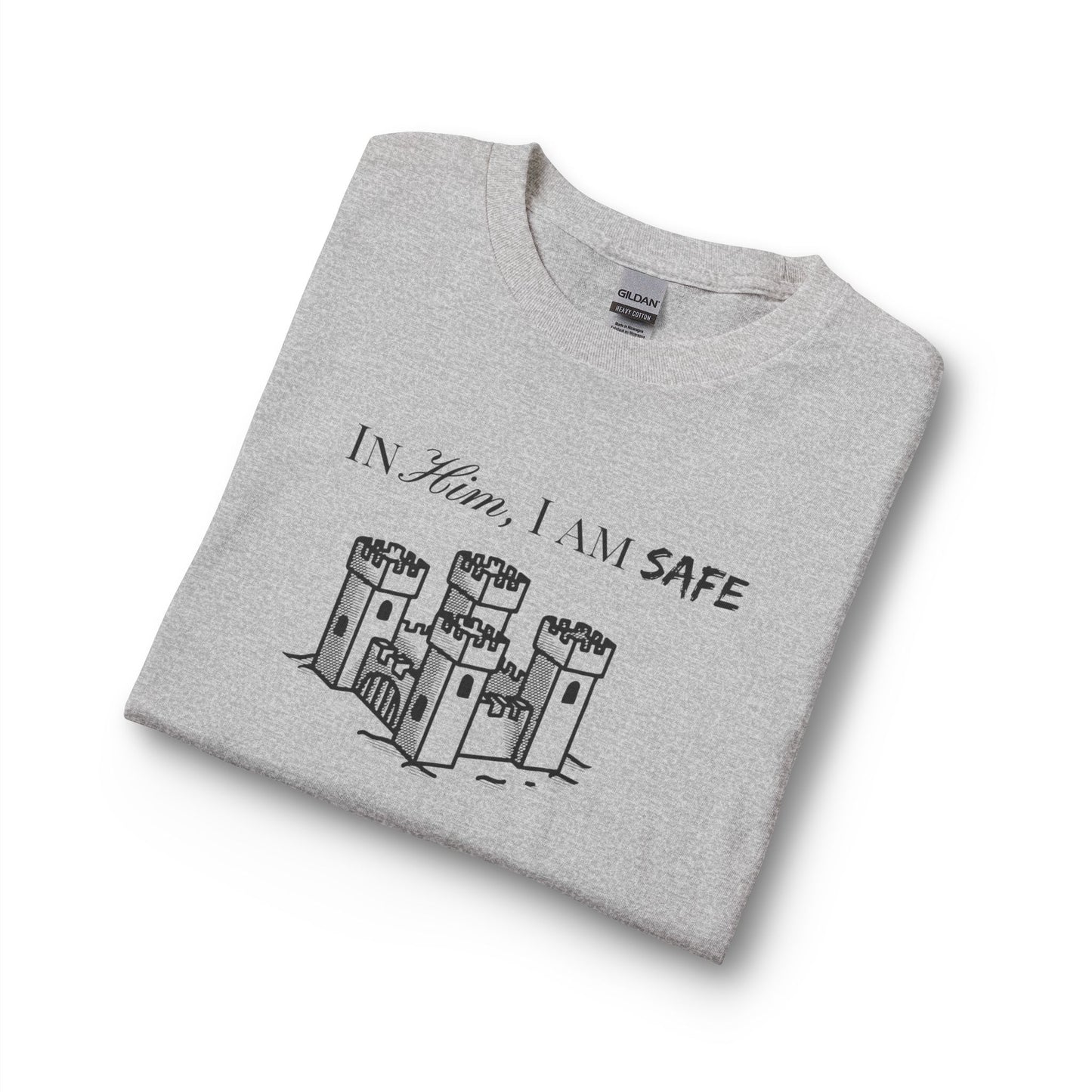 Long Sleeve Tee "In Him, I Am Safe" — Christian Castle Design (1 Samuel 22:2-3)