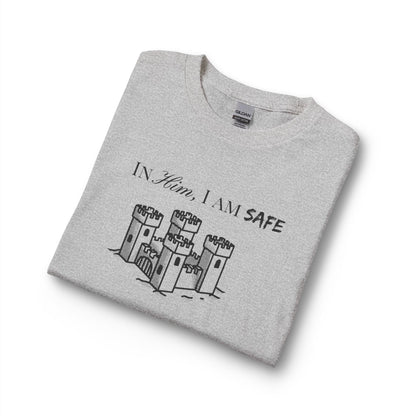 Long Sleeve Tee "In Him, I Am Safe" — Christian Castle Design (1 Samuel 22:2-3)