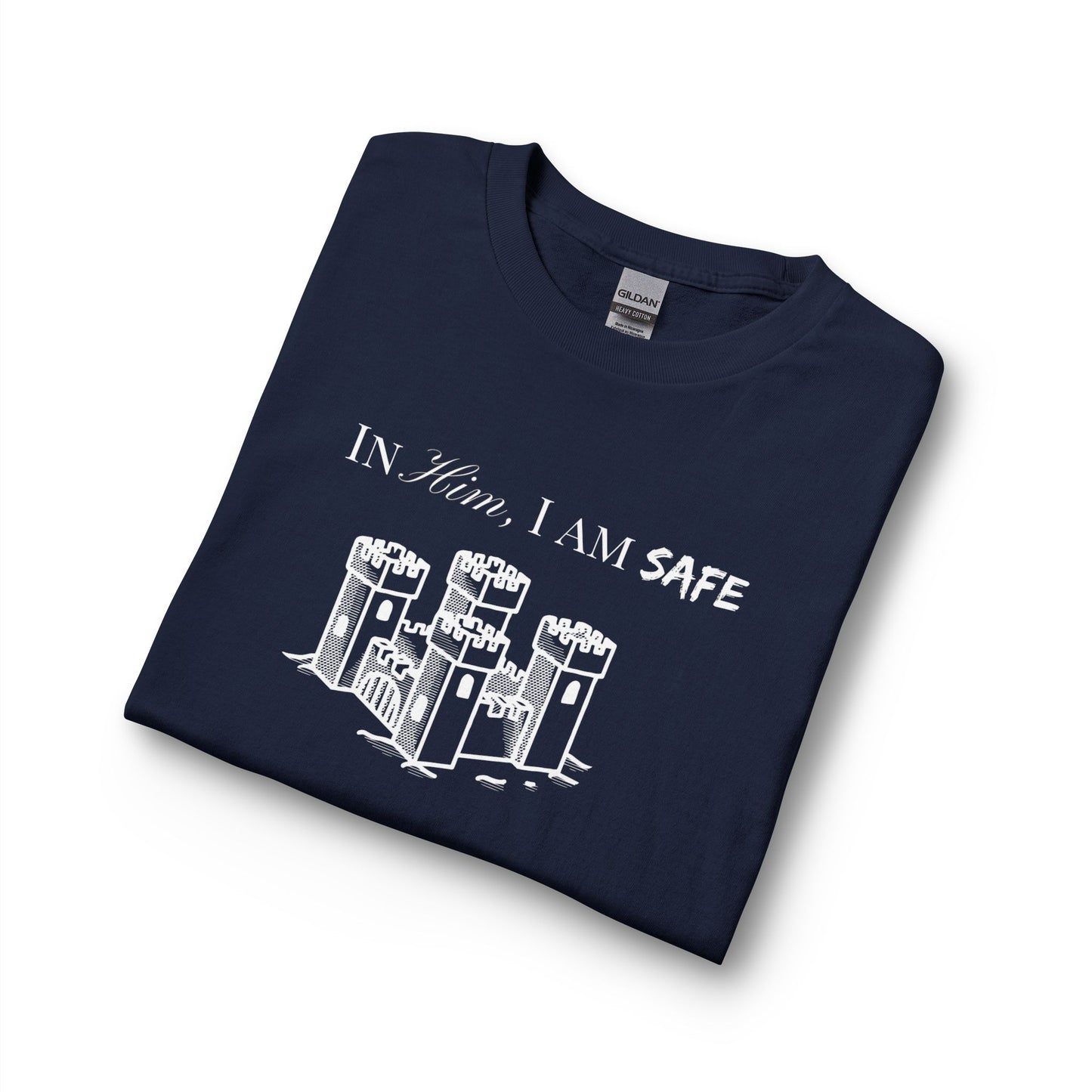 Long Sleeve Tee "In Him, I Am Safe" — Christian Castle Design (1 Samuel 22:2-3)