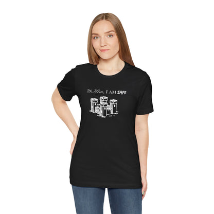 Castle Illustration Tee — "In Him, I Am Safe" Christian Scripture T‑Shirt