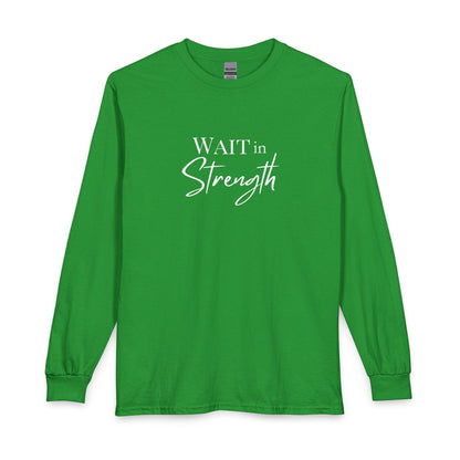 Wait in Strength Long Sleeve Tee — Christian Scripture Psalms 27:14 Faith Shirt