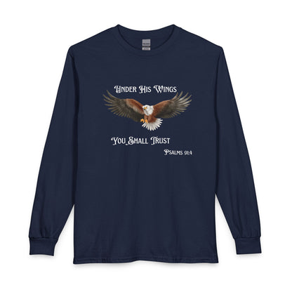 Psalm 91:4 Eagle Wings Long Sleeve Tee — "Under His Wings You Shall Trust"
