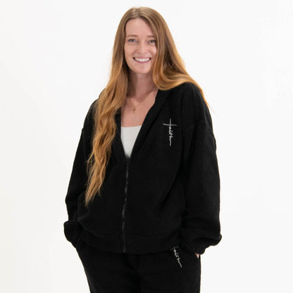 Faith Cross Cozy Sherpa Fleece Zip Up Hoodie