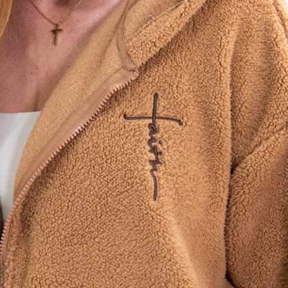 Faith Cross Cozy Sherpa Fleece Zip Up Hoodie
