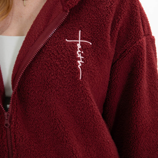 Faith Cross Cozy Sherpa Fleece Zip Up Hoodie