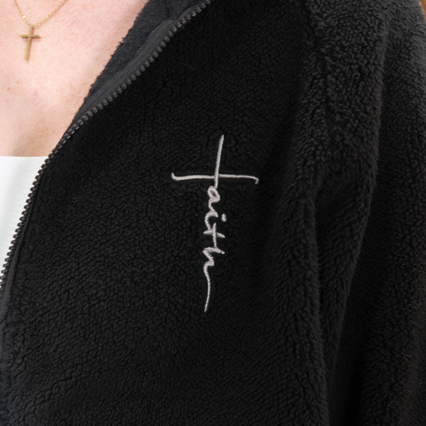 Faith Cross Cozy Sherpa Fleece Zip Up Hoodie
