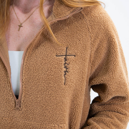 Faith Cross Cozy Sherpa Fleece Half Zip Pullover