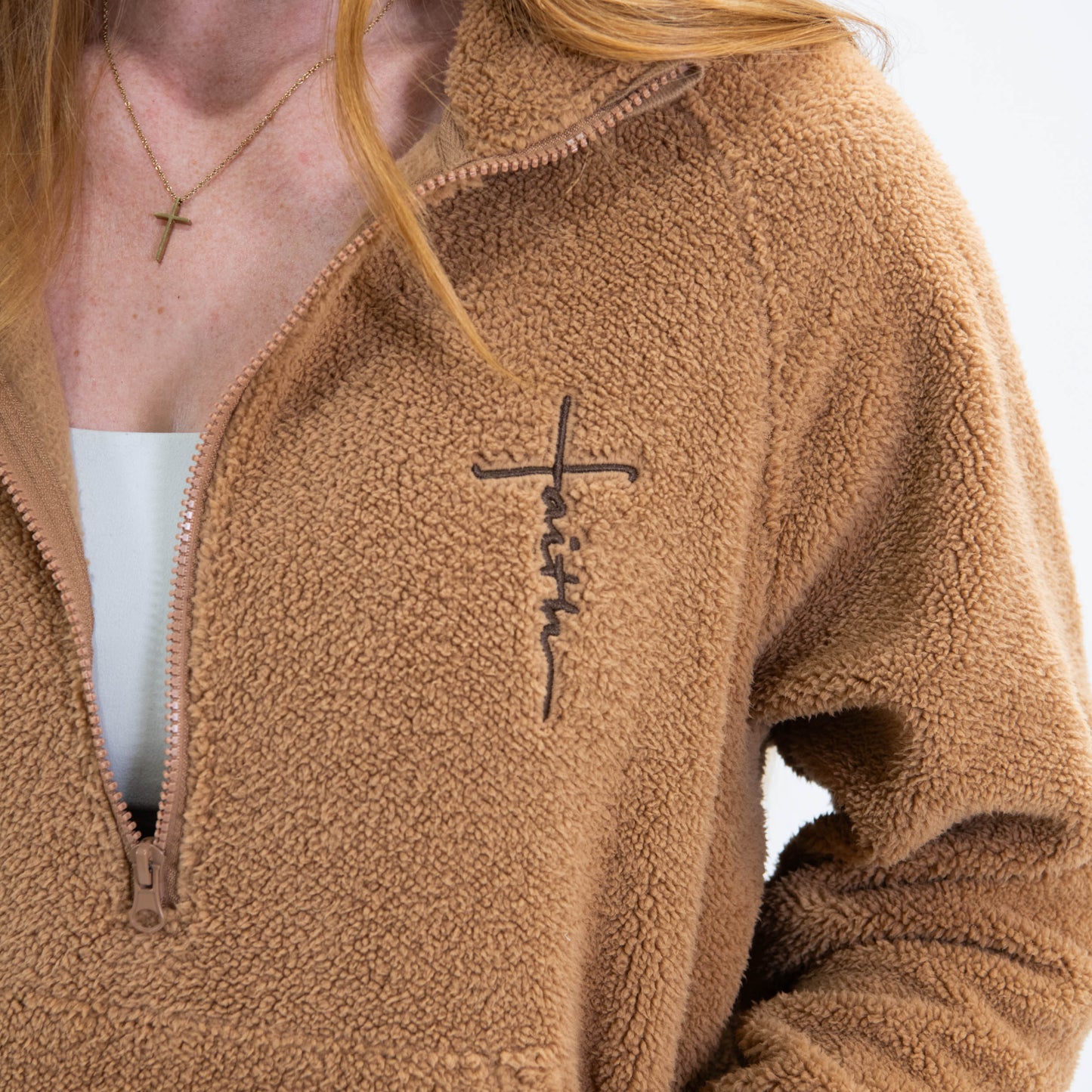 Cider Brown Faith Cross Cozy Sherpa Fleece Half Zip Pullover & Sweatpants Bundle