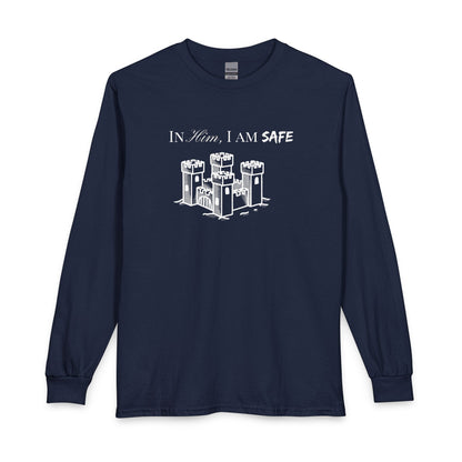 Long Sleeve Tee "In Him, I Am Safe" — Christian Castle Design (1 Samuel 22:2-3)