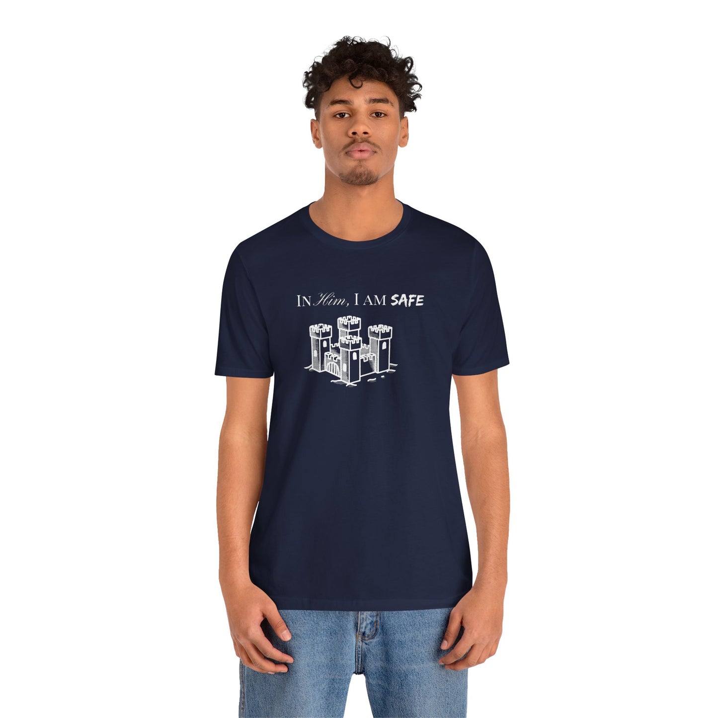 Castle Illustration Tee — "In Him, I Am Safe" Christian Scripture T‑Shirt