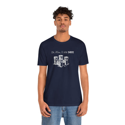 Castle Illustration Tee — "In Him, I Am Safe" Christian Scripture T‑Shirt