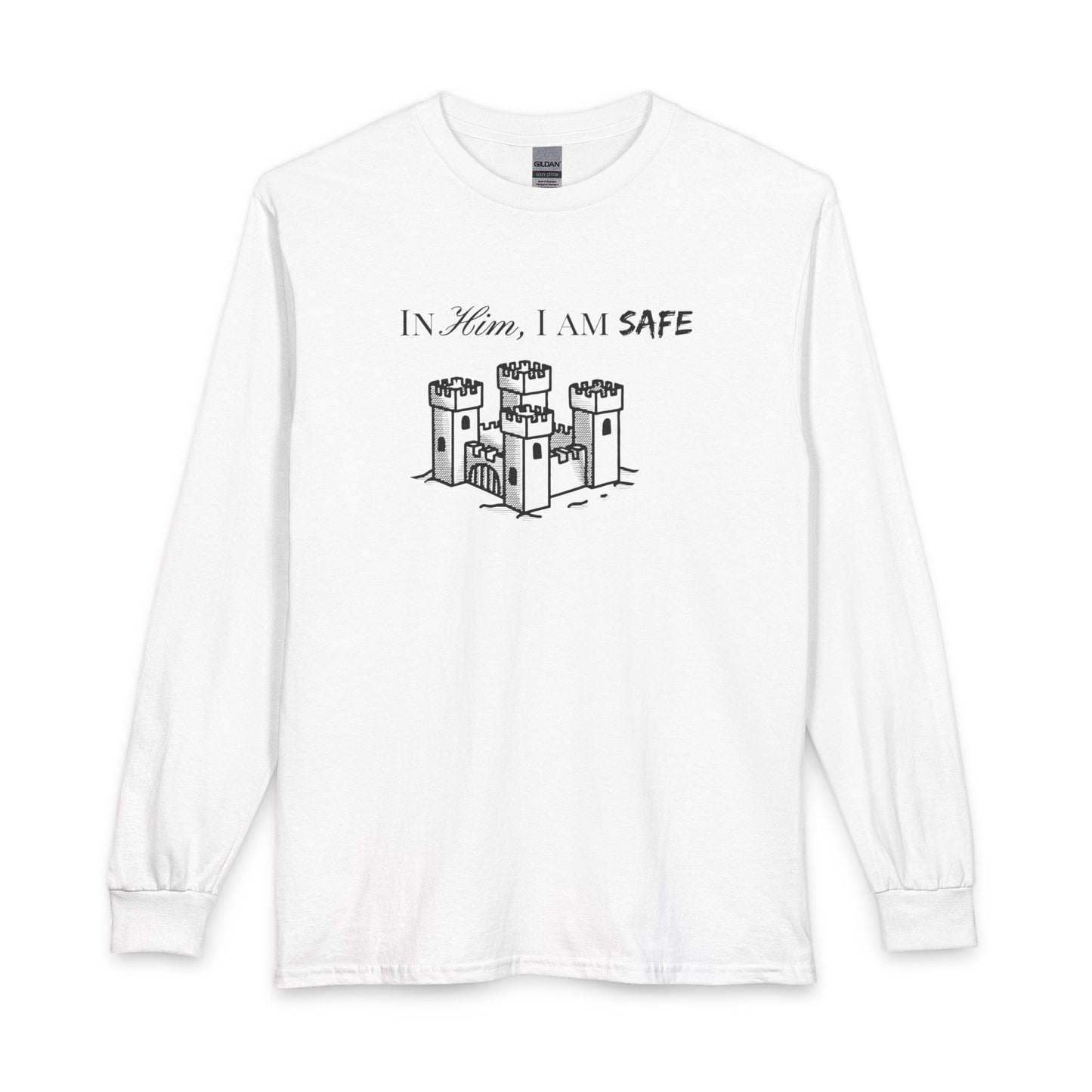 Long Sleeve Tee "In Him, I Am Safe" — Christian Castle Design (1 Samuel 22:2-3)