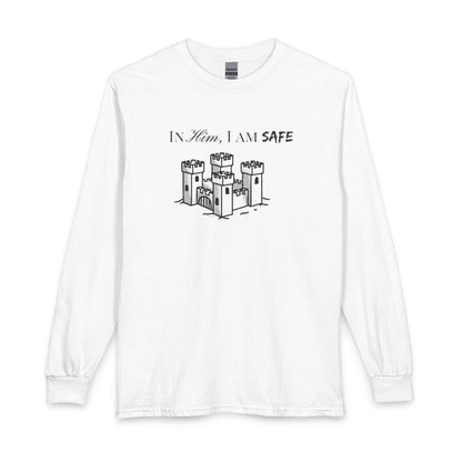 Long Sleeve Tee "In Him, I Am Safe" — Christian Castle Design (1 Samuel 22:2-3)