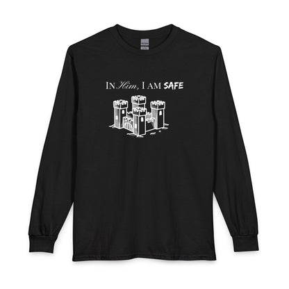 Long Sleeve Tee "In Him, I Am Safe" — Christian Castle Design (1 Samuel 22:2-3)