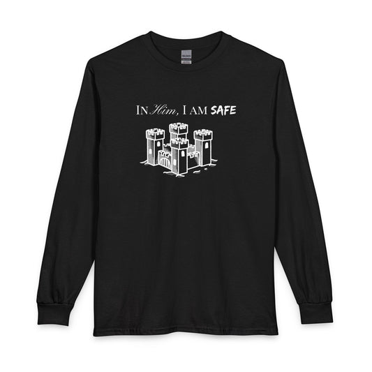 Long Sleeve Tee "In Him, I Am Safe" — Christian Castle Design (1 Samuel 22:2-3)