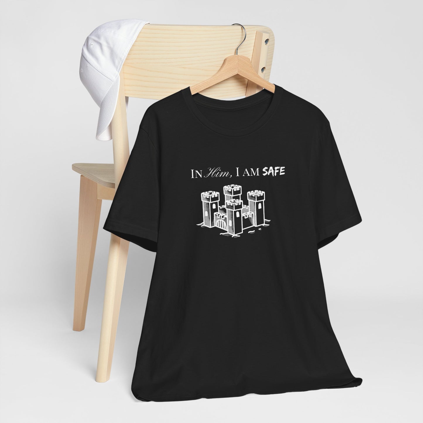 Castle Illustration Tee — "In Him, I Am Safe" Christian Scripture T‑Shirt