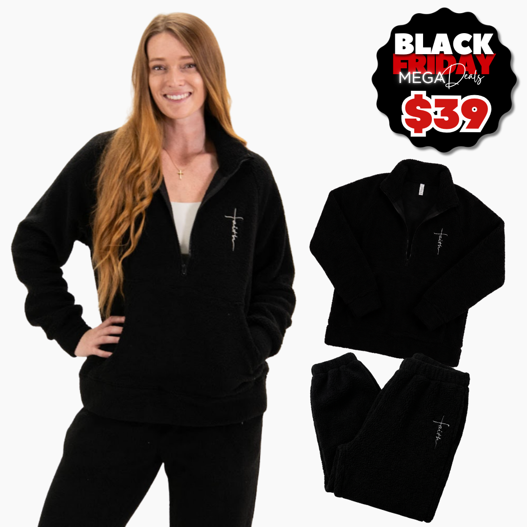Black Faith Cross Cozy Sherpa Fleece Half Zip Pullover & Sweatpants Bundle