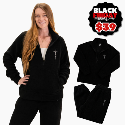 Black Faith Cross Cozy Sherpa Fleece Half Zip Pullover & Sweatpants Bundle