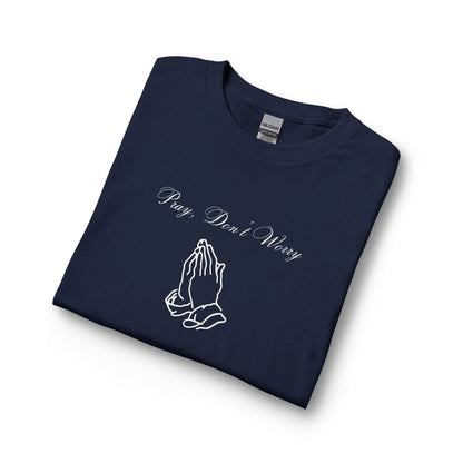Pray Dont Worry Long Sleeve Tee — Praying Hands Faith Shirt with Scripture Back