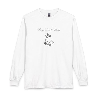 Pray Dont Worry Long Sleeve Tee — Praying Hands Faith Shirt with Scripture Back