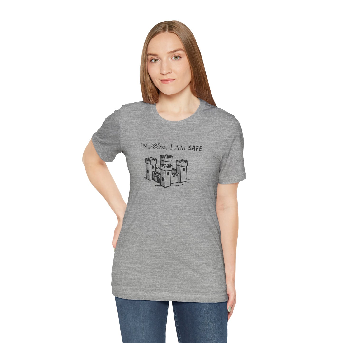 Castle Illustration Tee — "In Him, I Am Safe" Christian Scripture T‑Shirt