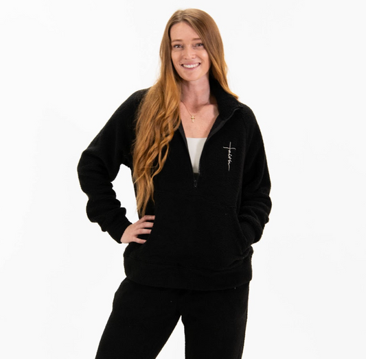 Black Faith Cross Cozy Sherpa Fleece Half Zip Pullover & Sweatpants Bundle