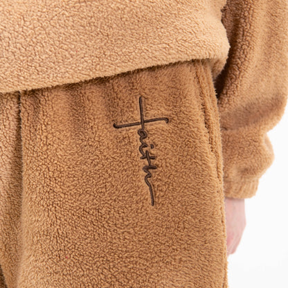 Cider Brown Faith Cross Cozy Sherpa Fleece Half Zip Pullover & Sweatpants Bundle