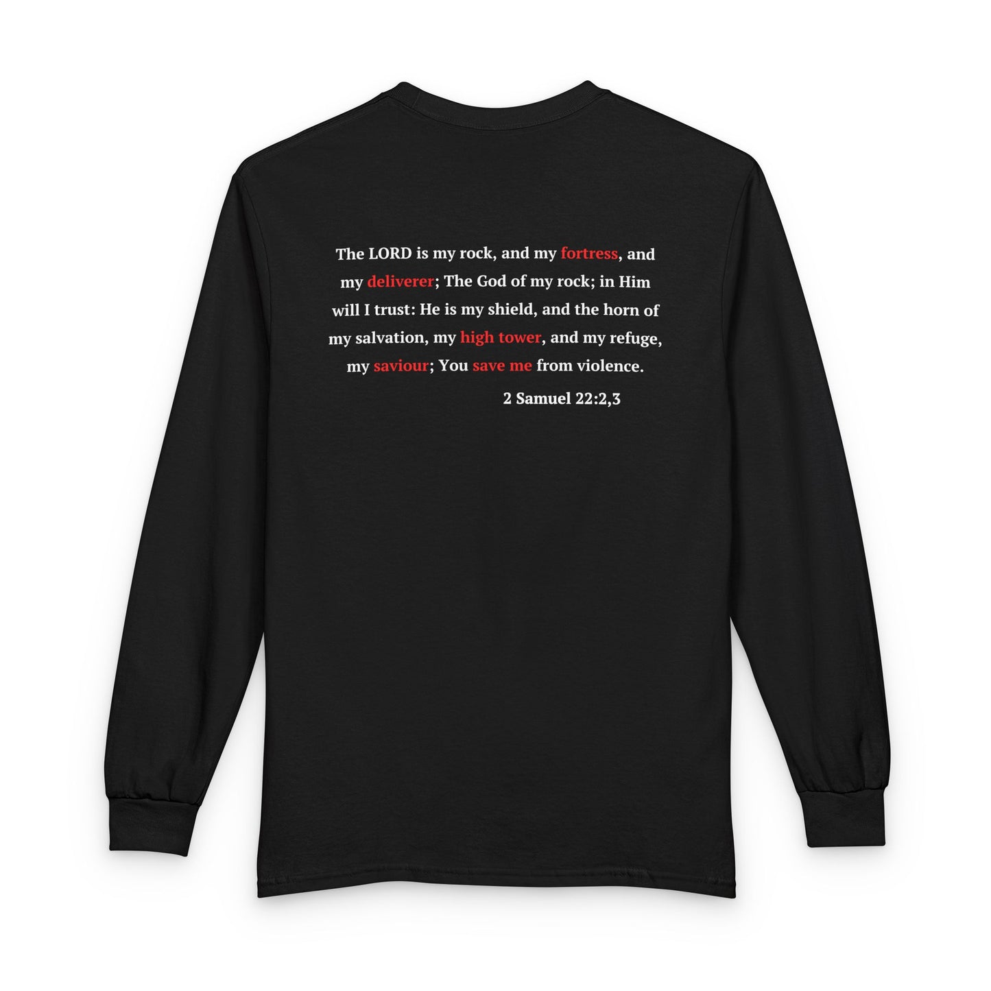 Long Sleeve Tee "In Him, I Am Safe" — Christian Castle Design (1 Samuel 22:2-3)
