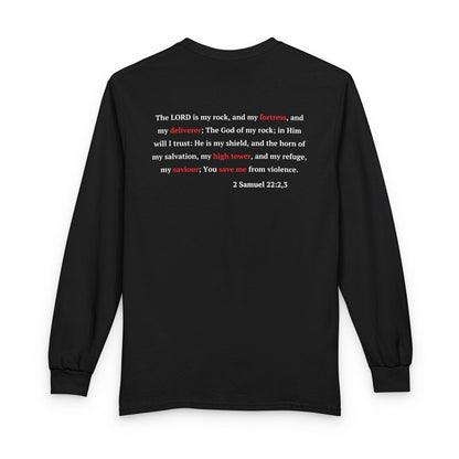 Long Sleeve Tee "In Him, I Am Safe" — Christian Castle Design (1 Samuel 22:2-3)