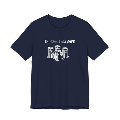 Castle Illustration Tee — "In Him, I Am Safe" Christian Scripture T‑Shirt