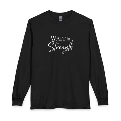 Wait in Strength Long Sleeve Tee — Christian Scripture Psalms 27:14 Faith Shirt
