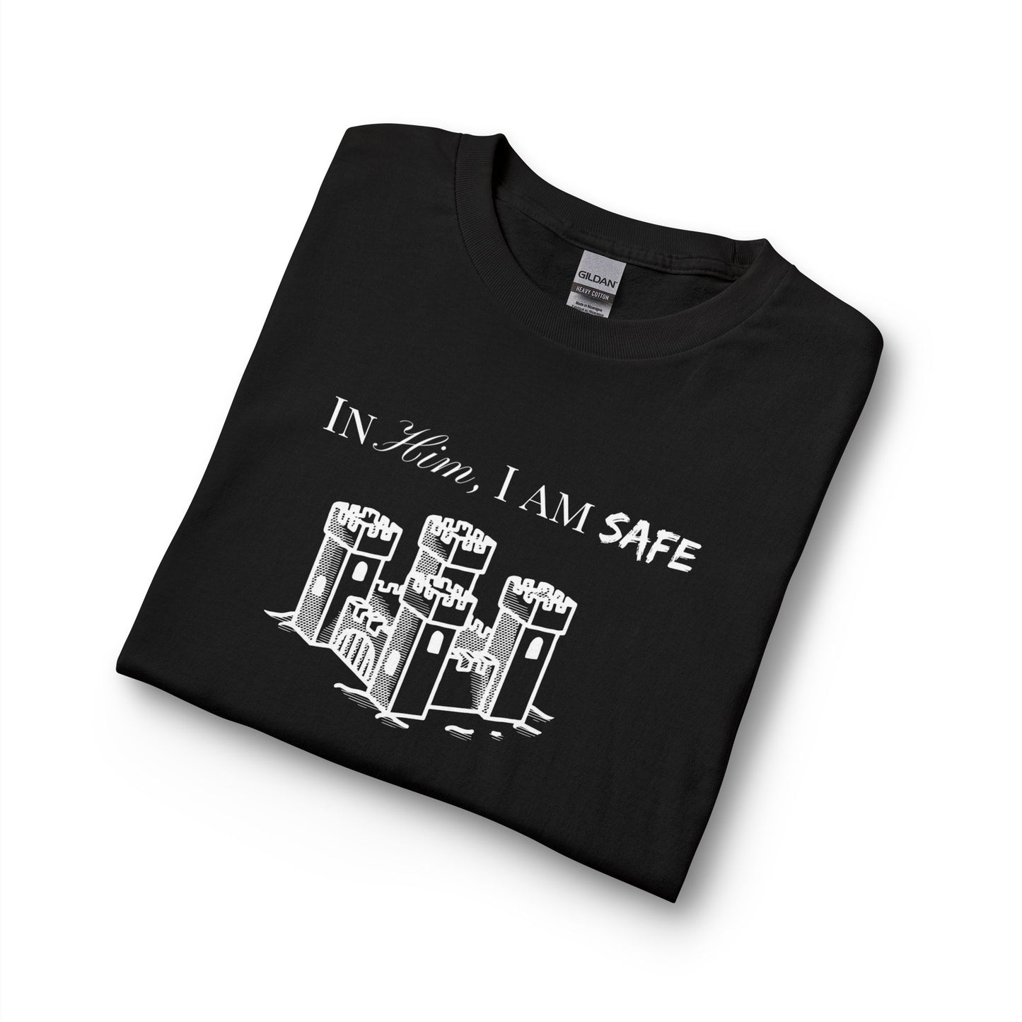 Long Sleeve Tee "In Him, I Am Safe" — Christian Castle Design (1 Samuel 22:2-3)