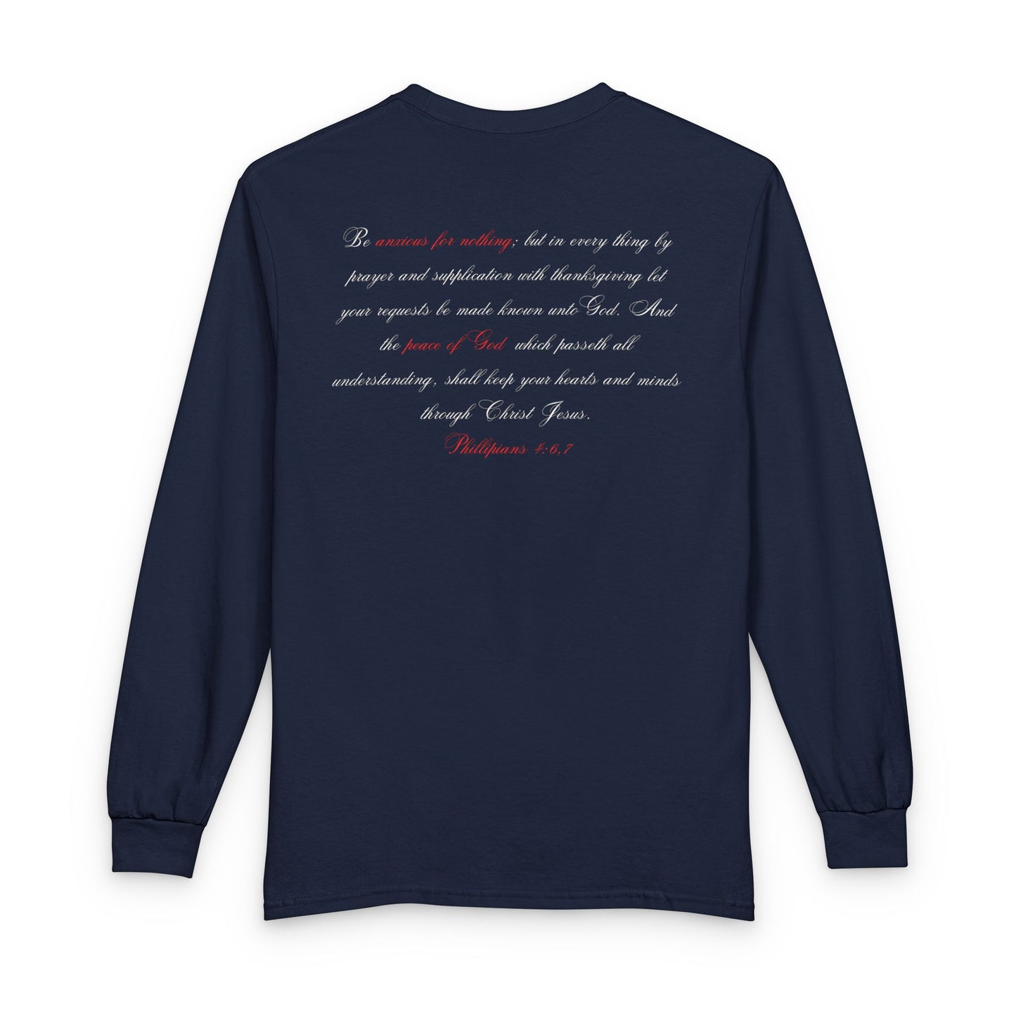Pray Dont Worry Long Sleeve Tee — Praying Hands Faith Shirt with Scripture Back