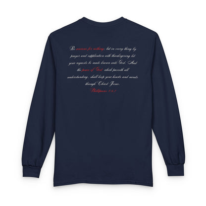 Pray Dont Worry Long Sleeve Tee — Praying Hands Faith Shirt with Scripture Back