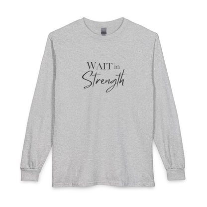 Wait in Strength Long Sleeve Tee — Christian Scripture Psalms 27:14 Faith Shirt