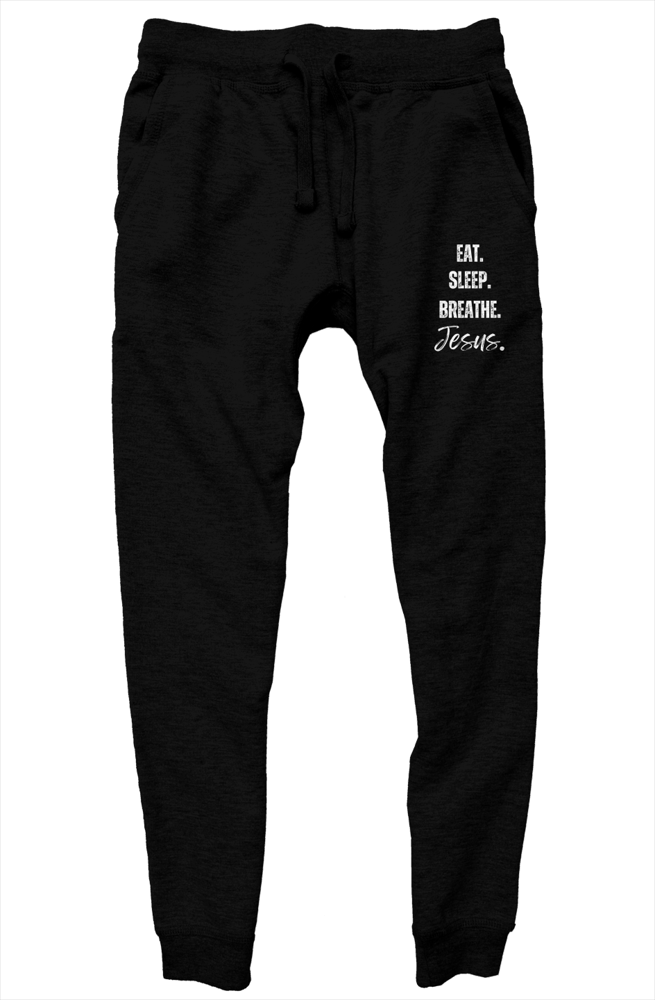 Navy blue jogger pants with a 'JOY' patch on a white background