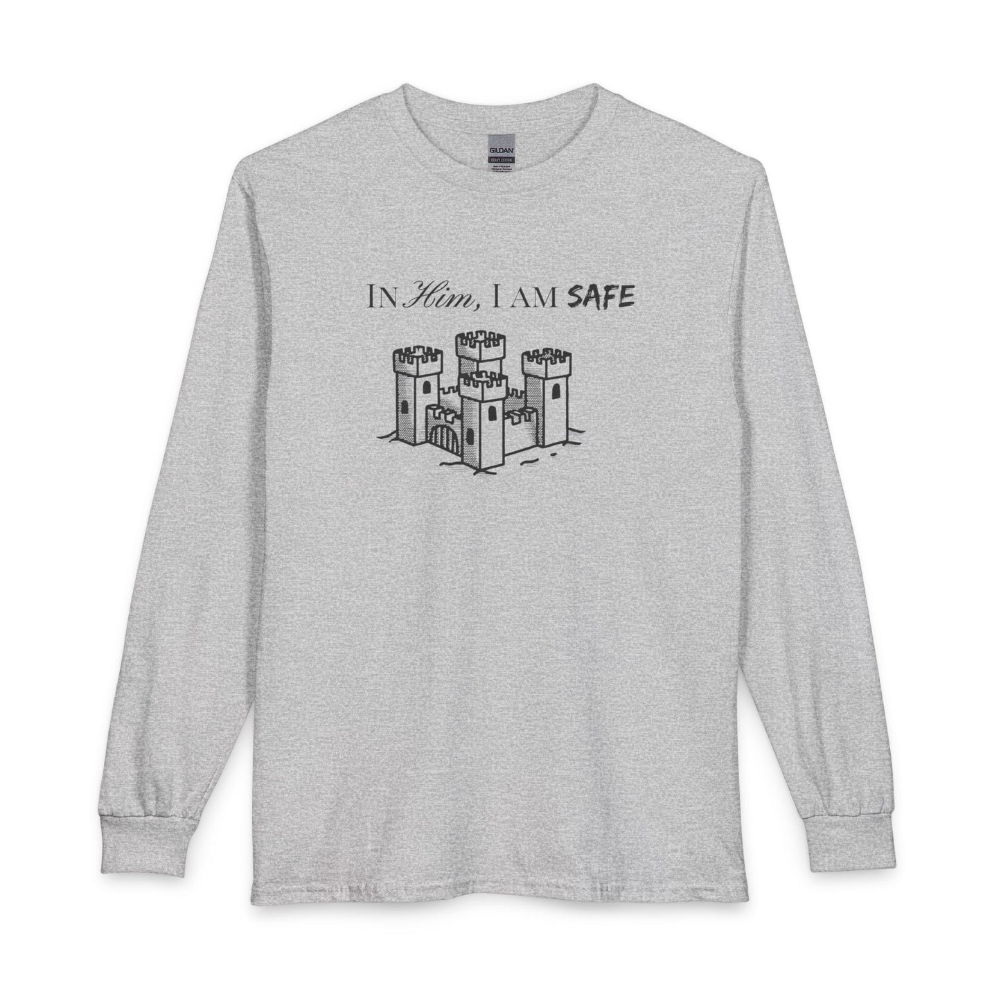 Long Sleeve Tee "In Him, I Am Safe" — Christian Castle Design (1 Samuel 22:2-3)